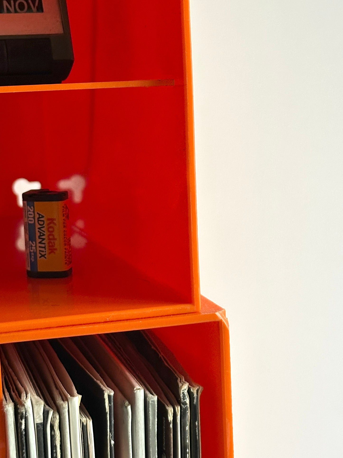 1970s modular orange record storage boxes, German design, unbranded, registered DBGM
