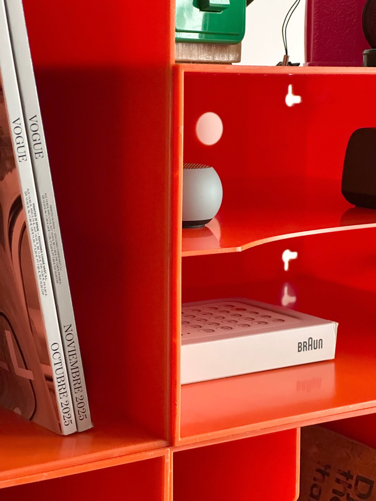 1970s modular orange record storage boxes, German design, unbranded, registered DBGM