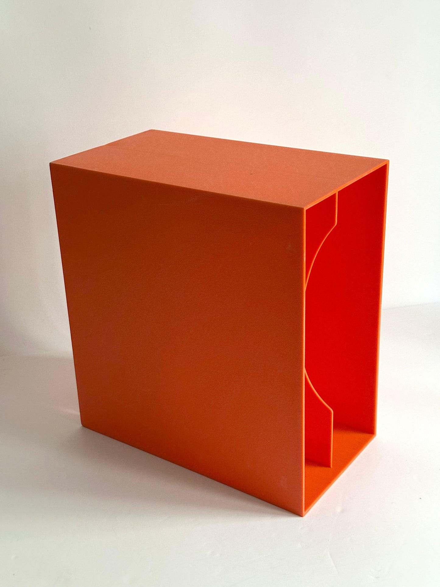 1970s modular orange record storage boxes, German design, unbranded, registered DBGM