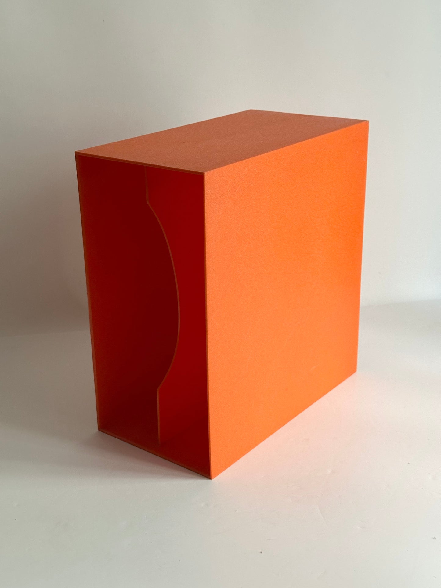1970s modular orange record storage boxes, German design, unbranded, registered DBGM