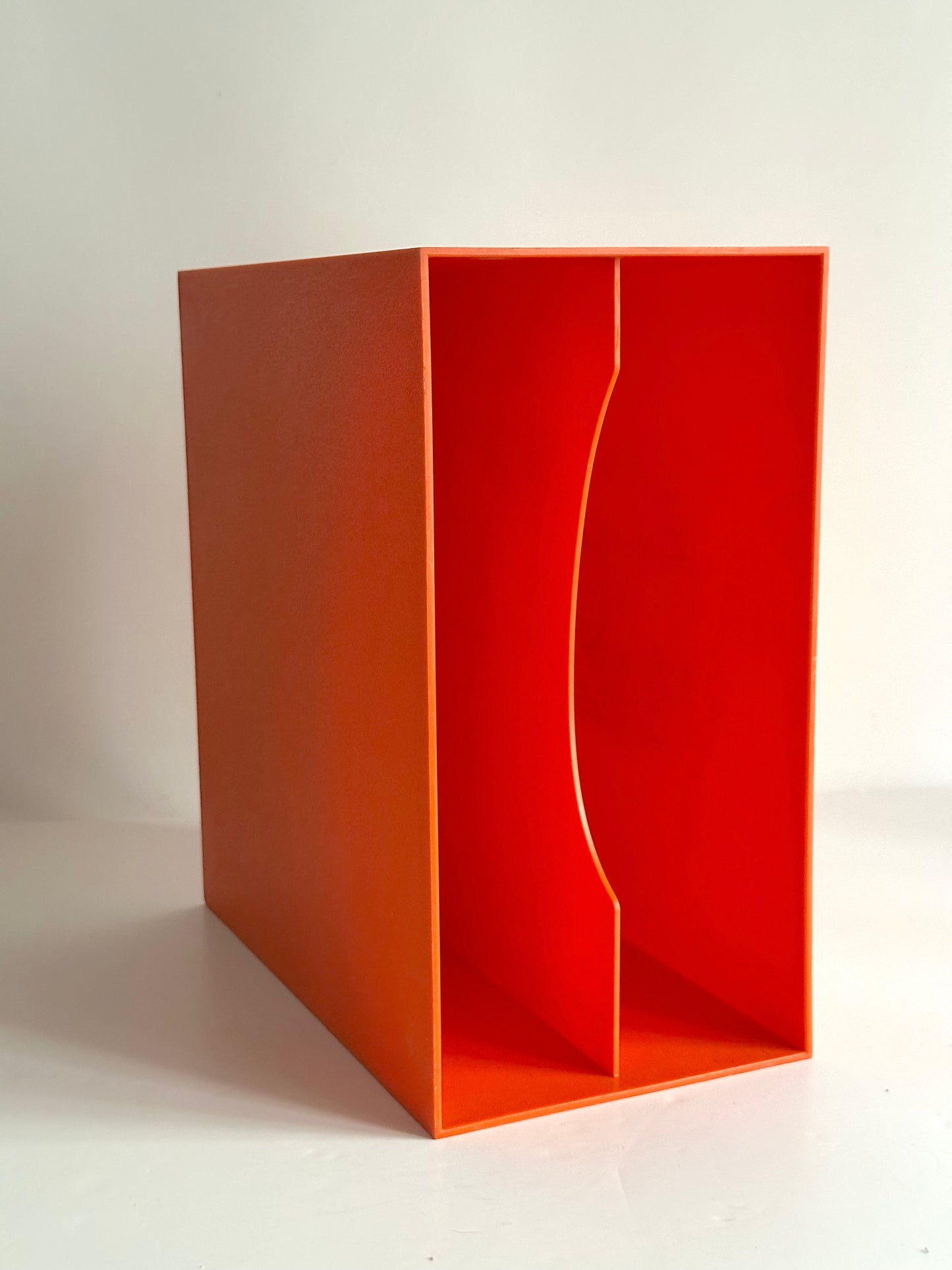 1970s modular orange record storage boxes, German design, unbranded, registered DBGM