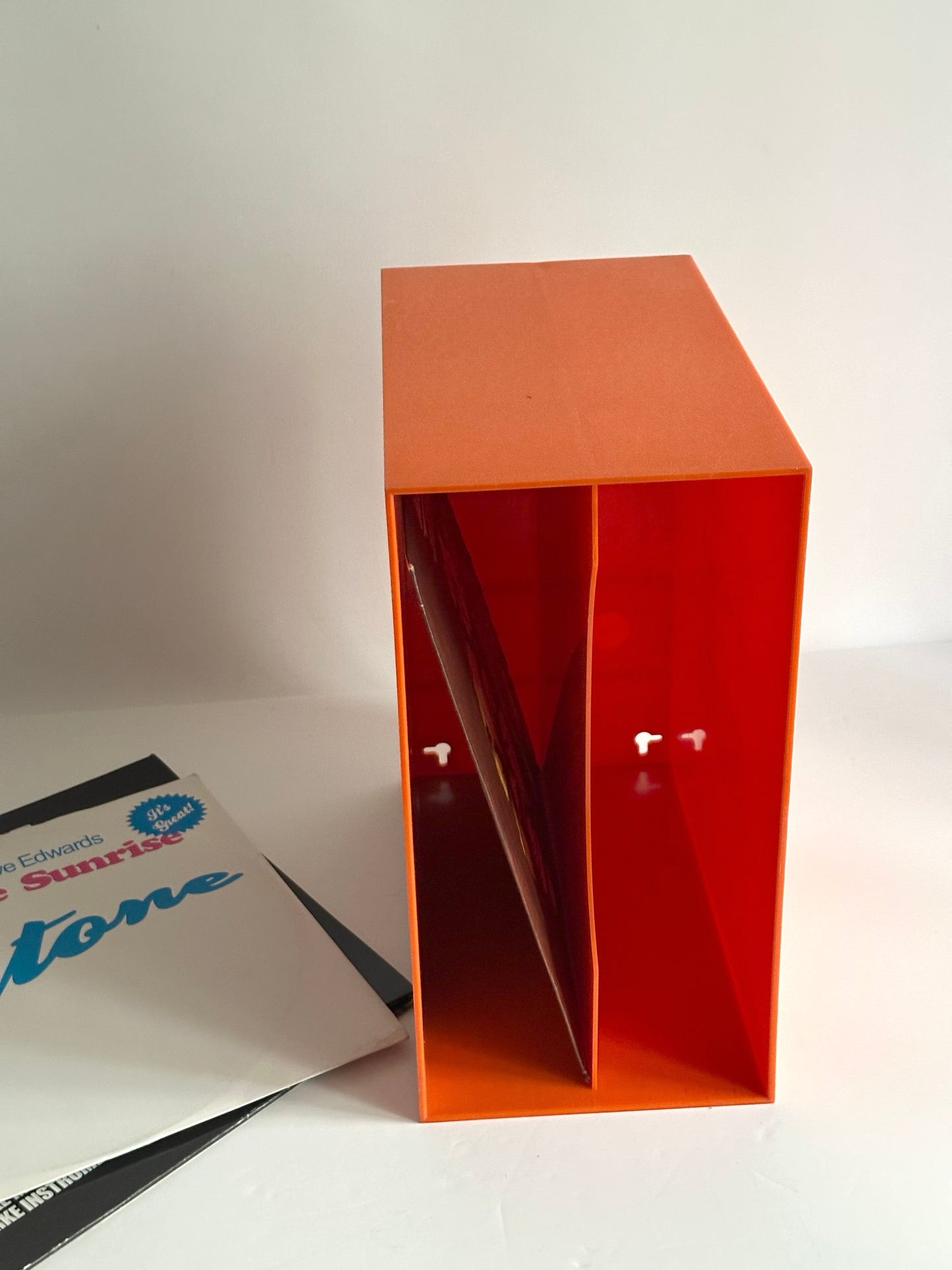 1970s modular orange record storage boxes, German design, unbranded, registered DBGM