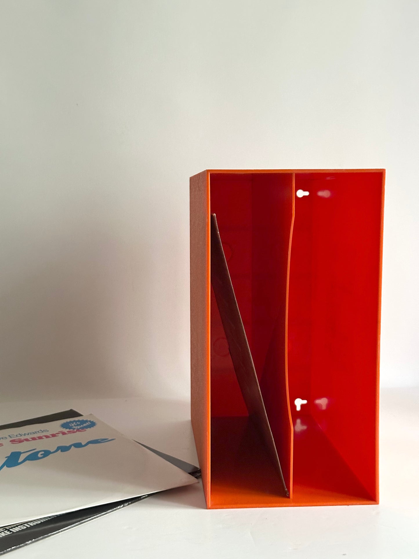1970s modular orange record storage boxes, German design, unbranded, registered DBGM