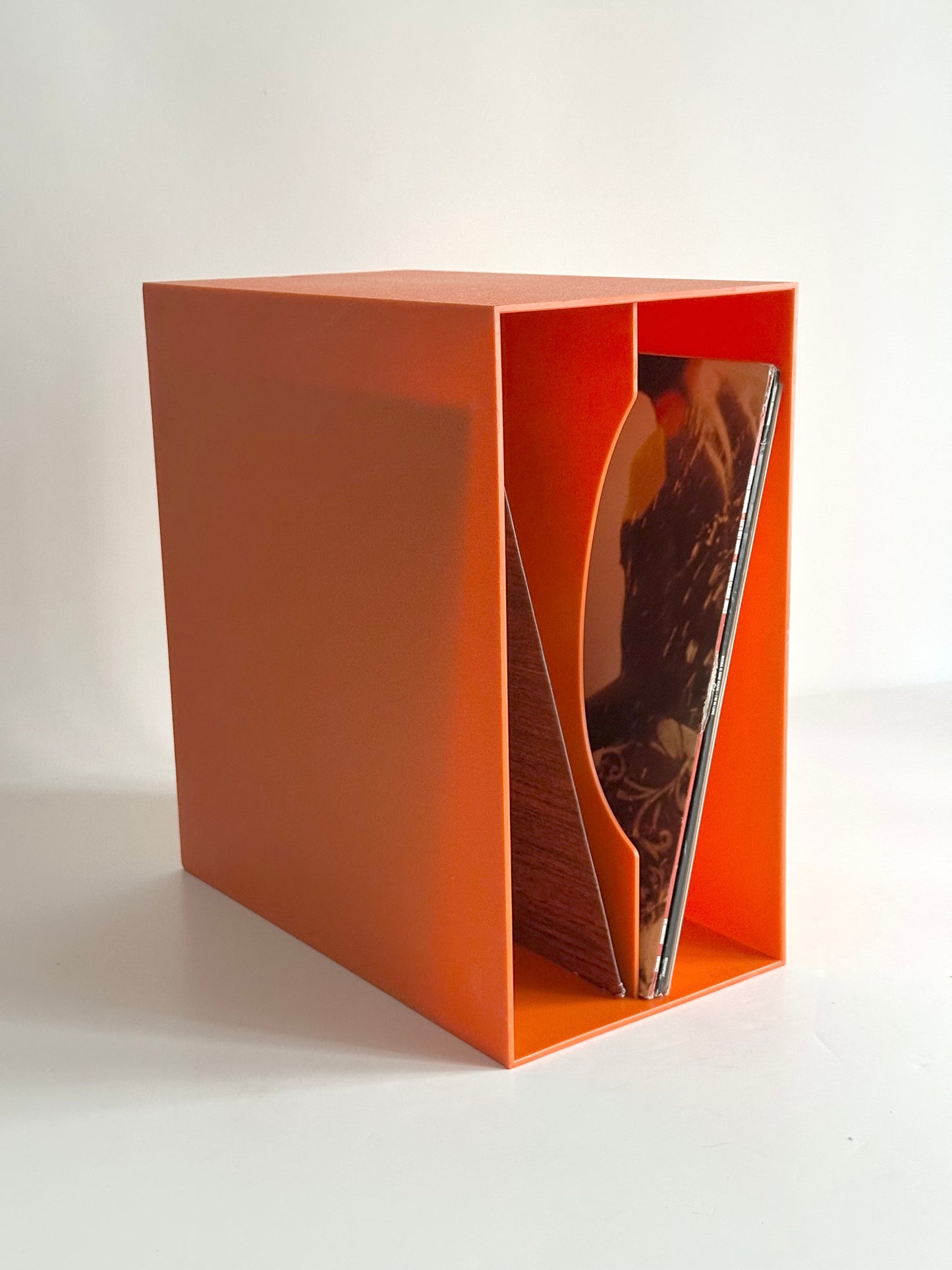1970s modular orange record storage boxes, German design, unbranded, registered DBGM