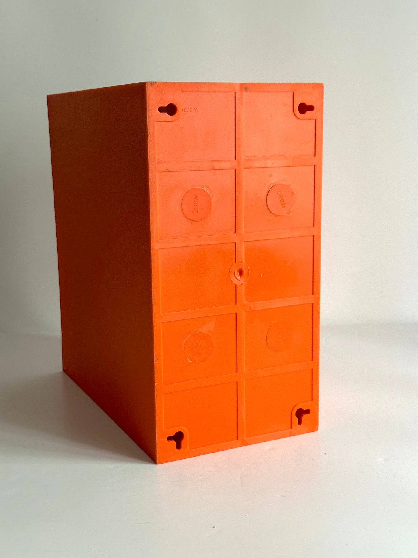 1970s modular orange record storage boxes, German design, unbranded, registered DBGM