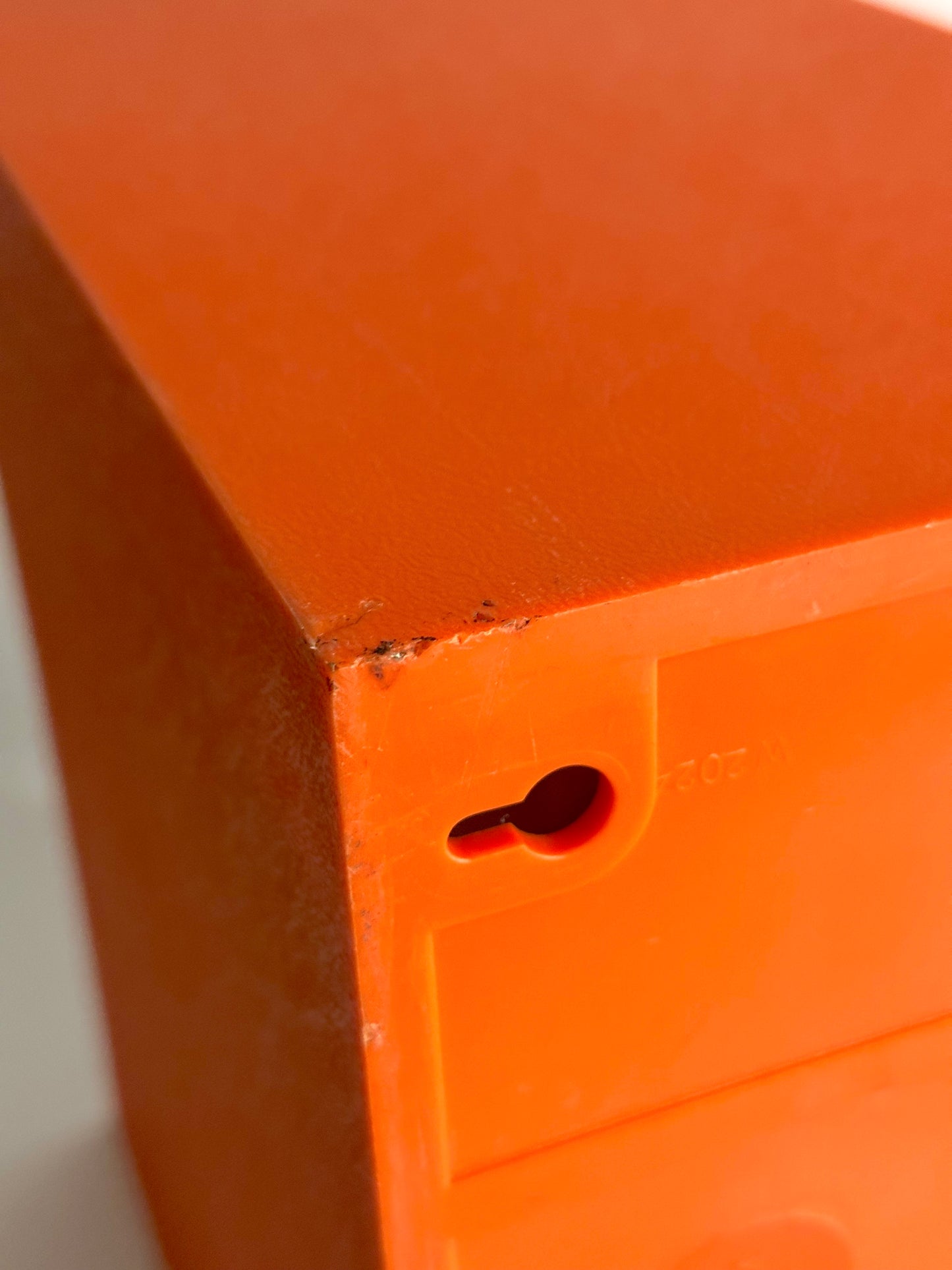 1970s modular orange record storage boxes, German design, unbranded, registered DBGM