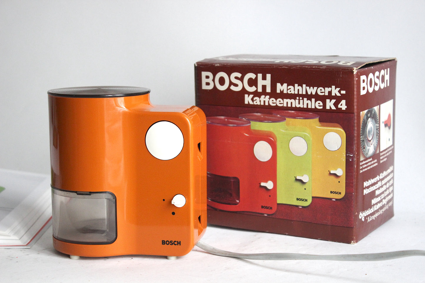 BOSCH K4 orange electric coffee grinder. Germany 1974. Space Age Era design