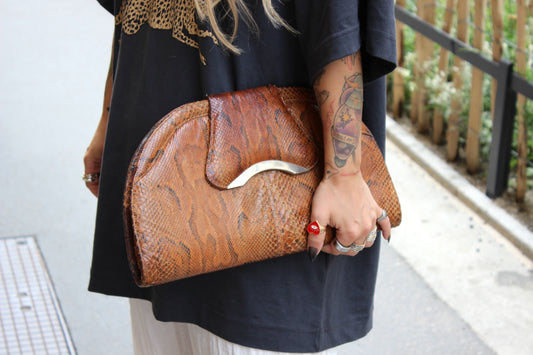 Vintage Snake Skin Handbag – “Elvira” – 70s Glam, Silver Details, Shoulder Bag & Clutch