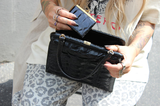 Colette – 1960s black croc-embossed leather handbag