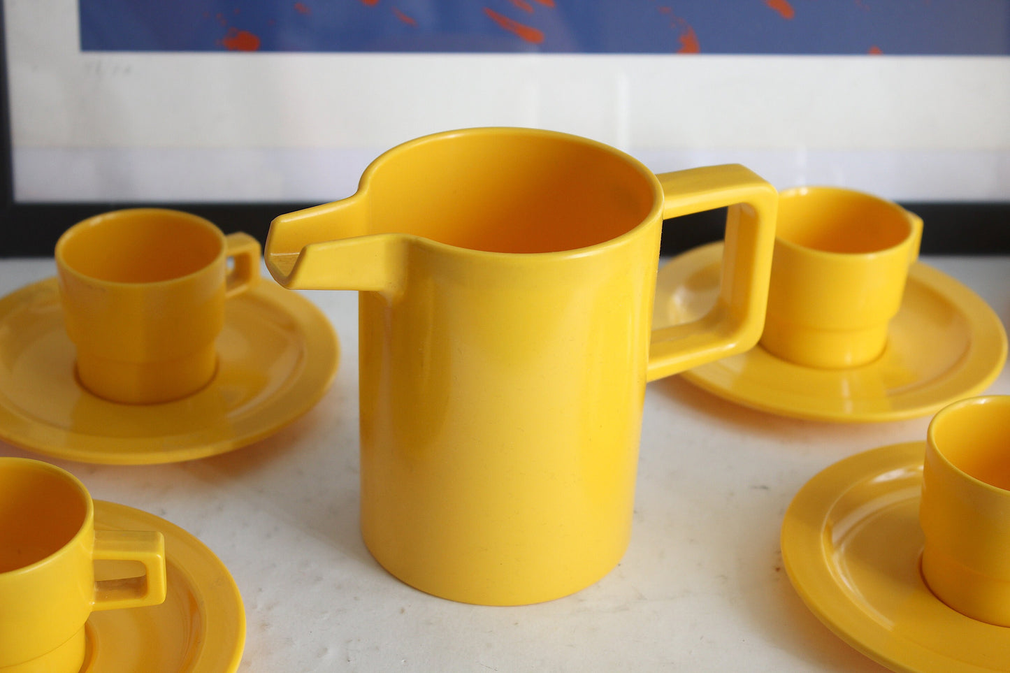 PORXELANE set of melamine coffee cups, saucers, and a matching pitcher. Efmen Spain, 1970s.