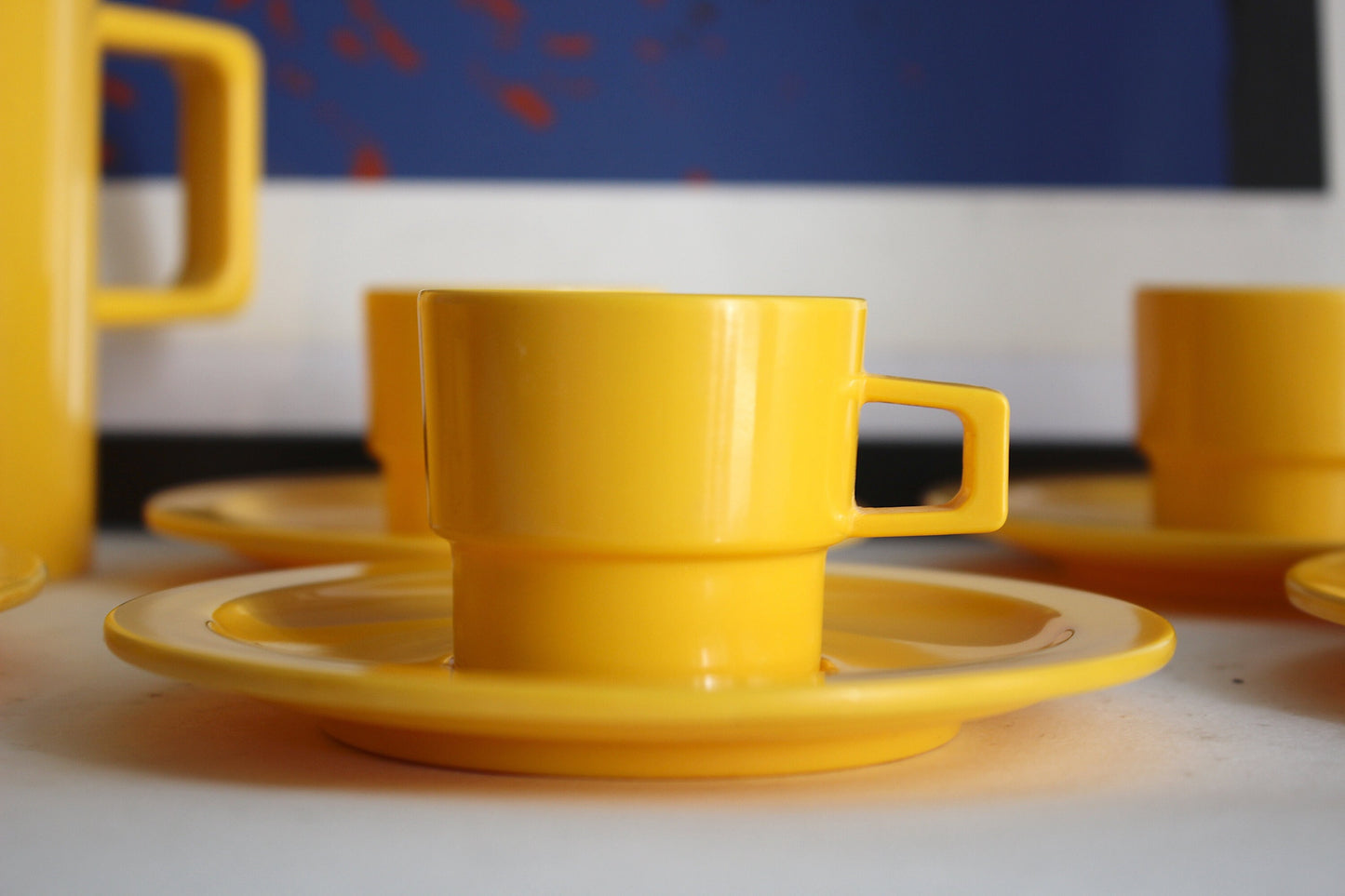 PORXELANE set of melamine coffee cups, saucers, and a matching pitcher. Efmen Spain, 1970s.
