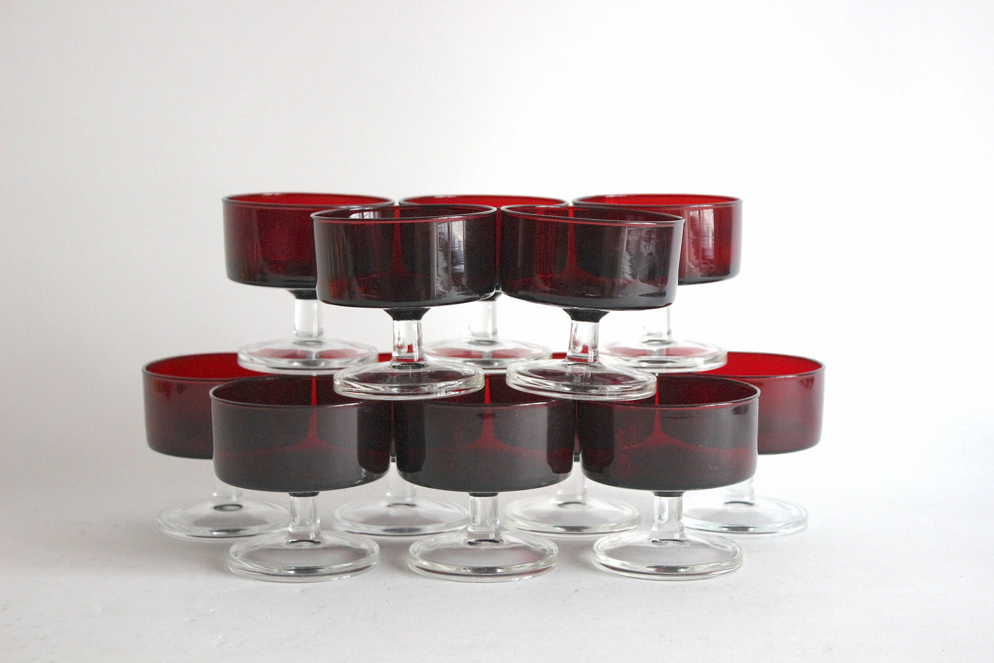 Set of 6 LUMINARC "Ruby Red cavalier" Champagne glasses. France 1970s
