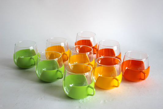 Set of 9 multicolored  glass tumblers for tea or coffee with plastic handles - Holland 60s / 70s