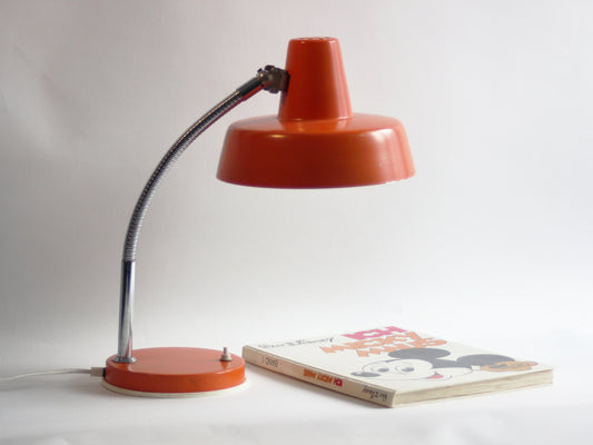 Szarvasi Hungarian Vintage orange gooseneck desk lamp. 70s space age design