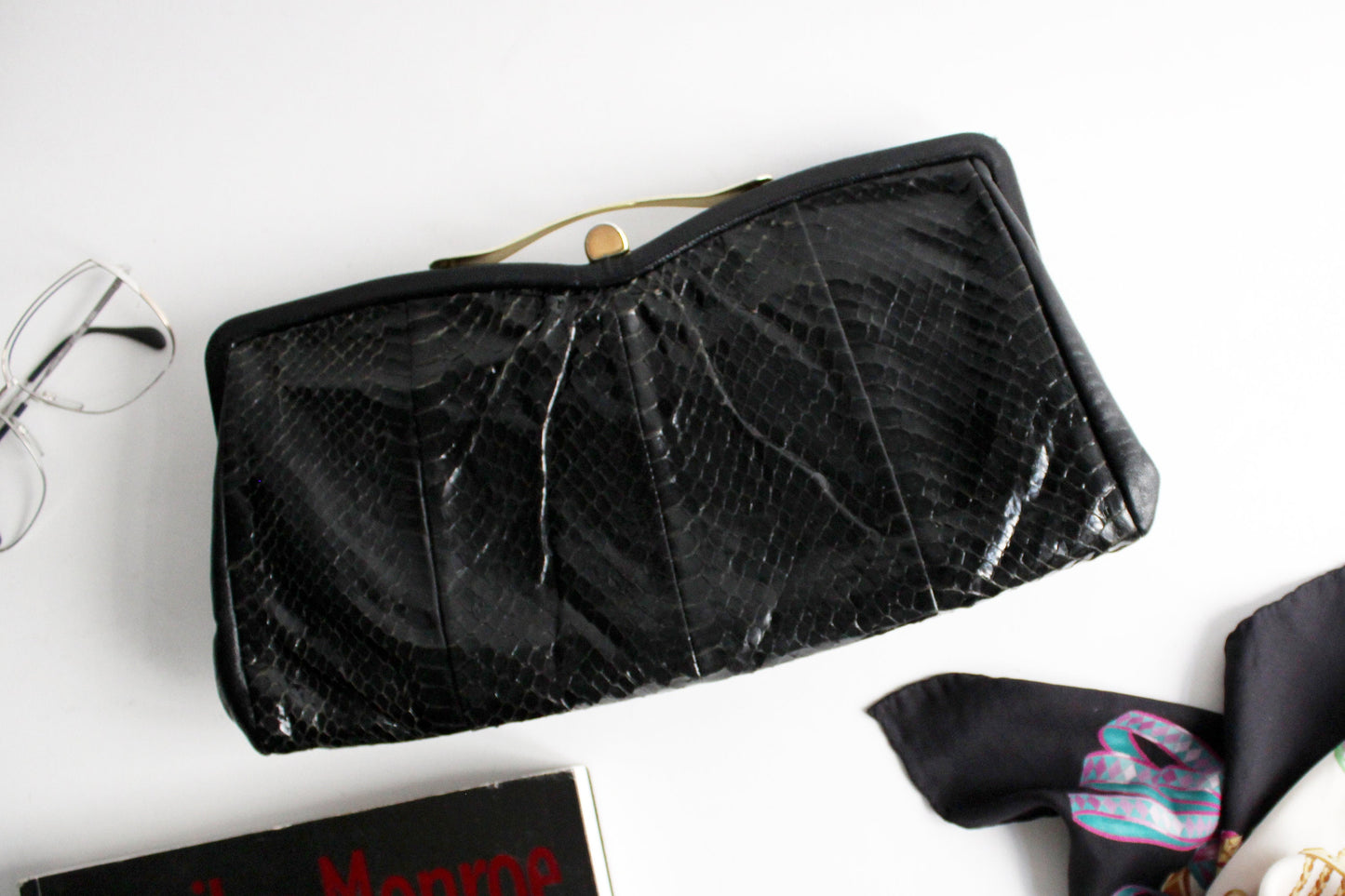 Black leather Clutch Baguette bag by Jane Shilton Boho style - 1970's / 1980's