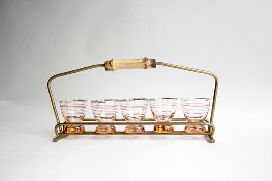 Shot Glass Set of 5 in Brass Holder with bamboo handle 1950s. Mid-Century design. Austria