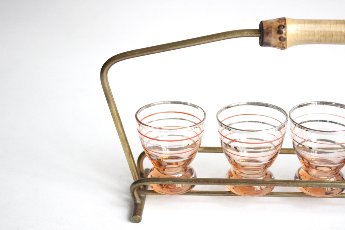 Shot Glass Set of 5 in Brass Holder with bamboo handle 1950s. Mid-Century design. Austria