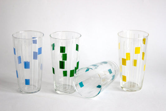 Vintage set of 4 hand-painted blown glass colorful drinking glasses, water glasses or tumbler glasses. Mid-century Austria 1950s.