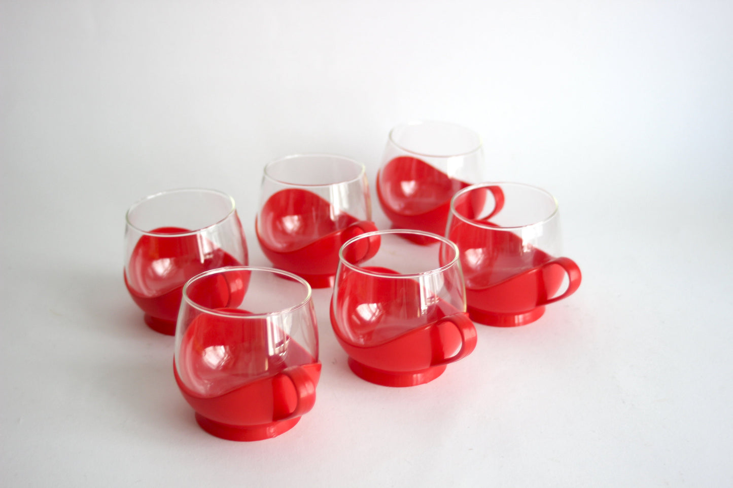 MELITTA GERMANY Set of 6 red glass tumblers for tea or coffee with plastic handles - 60s / 70s