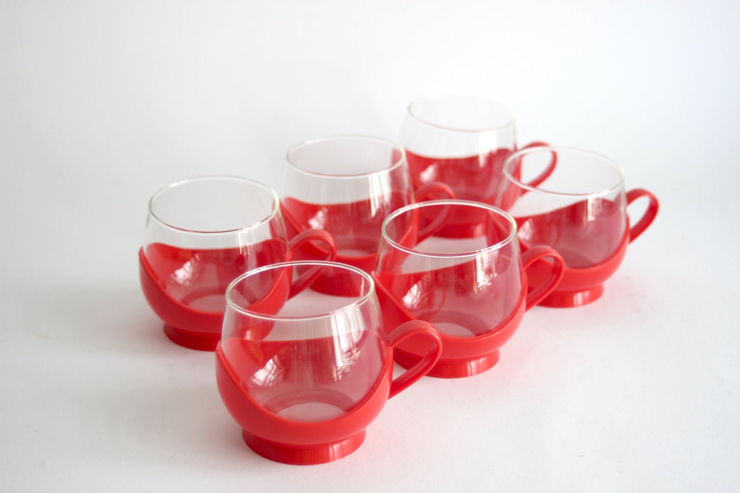 MELITTA GERMANY Set of 6 red glass tumblers for tea or coffee with plastic handles - 60s / 70s