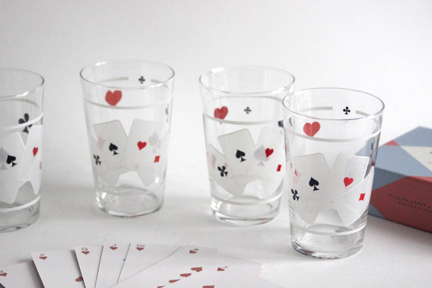 Vintage glass set of 6 drinking glasses with Poker cards motive. Handmade, 60s. Mid-Century Style.