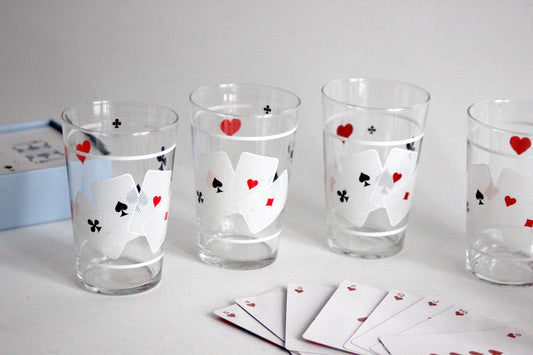 Vintage glass set of 6 drinking glasses with Poker cards motive. Handmade, 60s. Mid-Century Style.