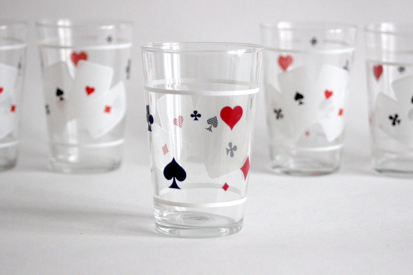 Vintage glass set of 6 drinking glasses with Poker cards motive. Handmade, 60s. Mid-Century Style.